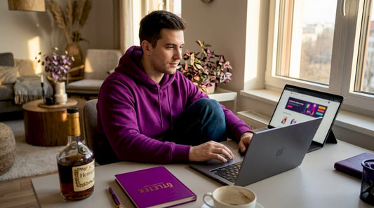 Egy férfi otthon kényelmesen nézelődik egy intim webáruház kínálatában.